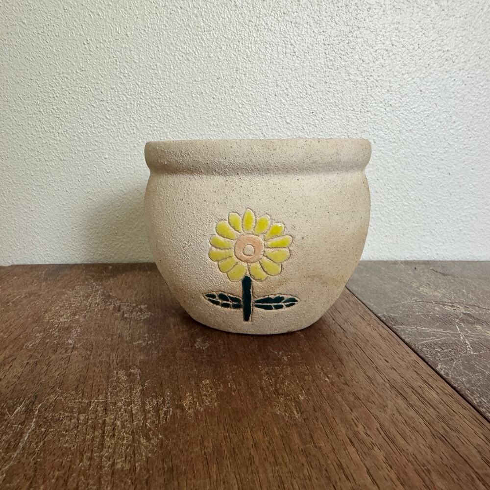 Vintage Studio Pottery Sunflower Stoneware Planter Pot‎ Hand Painted SMALL